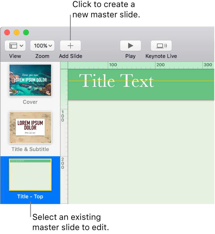 A master slide showing on the slide canvas, with the Add Slide button above it in the toolbar.