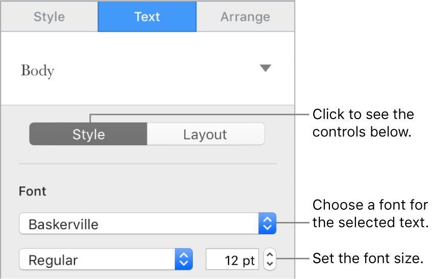 Text controls in the Style section of the sidebar for setting font and font size.