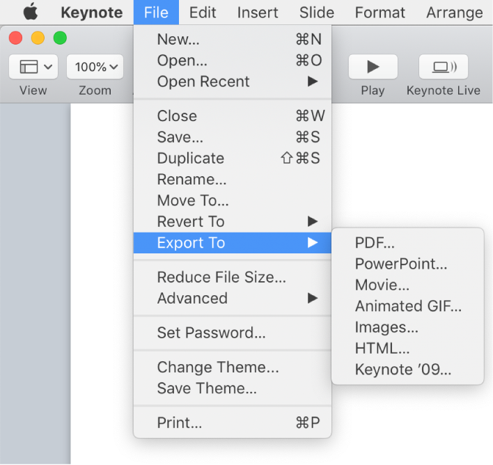 The File menu open with Export To selected and its submenu showing export options for PDF, PowerPoint, Movie, HTML, Images, and Keynote ’09.