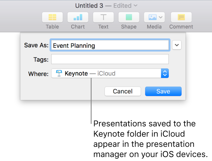 The Save dialog for a presentation with Keynote—iCloud in the Where pop-up menu.
