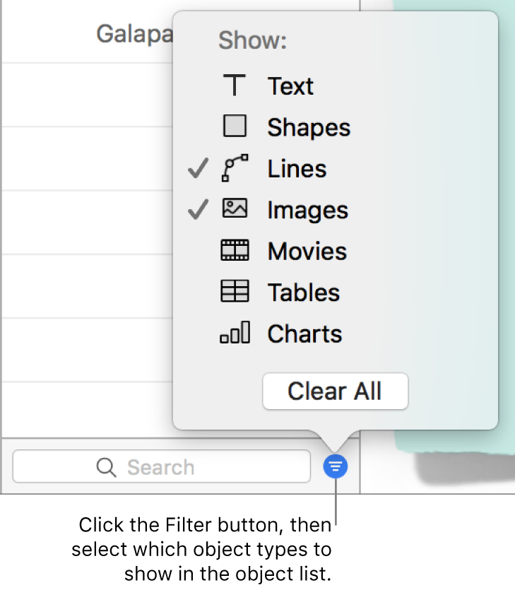 The Filter pop-up menu open, with a list of the types of objects the list can include (text, shapes, lines, images, movies, tables, and charts).