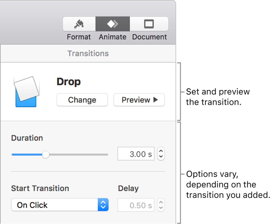 Transition controls in Transitions section of the sidebar.
