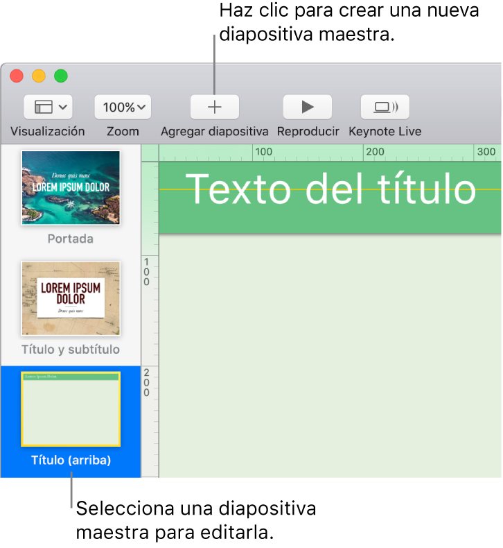 Una diapositiva maestra en el lienzo de diapositivas con el botón “Agregar diapositiva” sobre ella en la barra de herramientas.