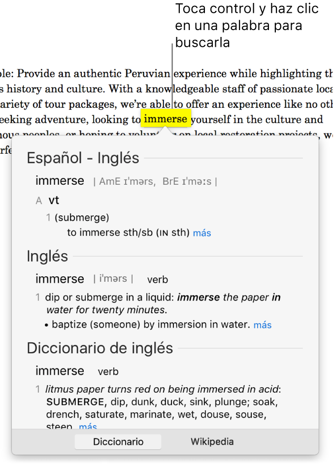 Texto con una palabra resaltada y una ventana en la que se muestra tu definición y una entrada en el diccionario de sinónimos. Dos botones en la parte inferior de la pantalla proporcionan enlaces al diccionario y a Wikipedia.