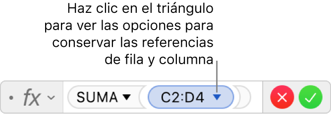 Editor de fórmulas mostrando cómo conservar la fila y la columna de una referencia de intervalo.