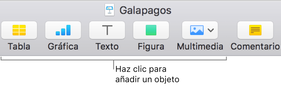 La barra de herramientas de Keynote con los botones que se usan para añadir un objeto a una diapositiva.