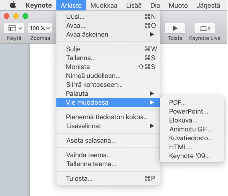 Avoin Arkisto-valikko, jossa on Vie muodossa ‑vaihtoehto valittuna ja jonka alavalikossa näkyvät PDF-, PowerPoint-, Elokuva-, HTML-, Kuvat- ja Keynote '09 ‑vientivalinnat.