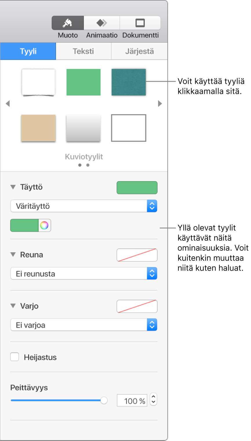 Kuviotyylit ja -valinnat sivupalkin Muoto-osiossa.