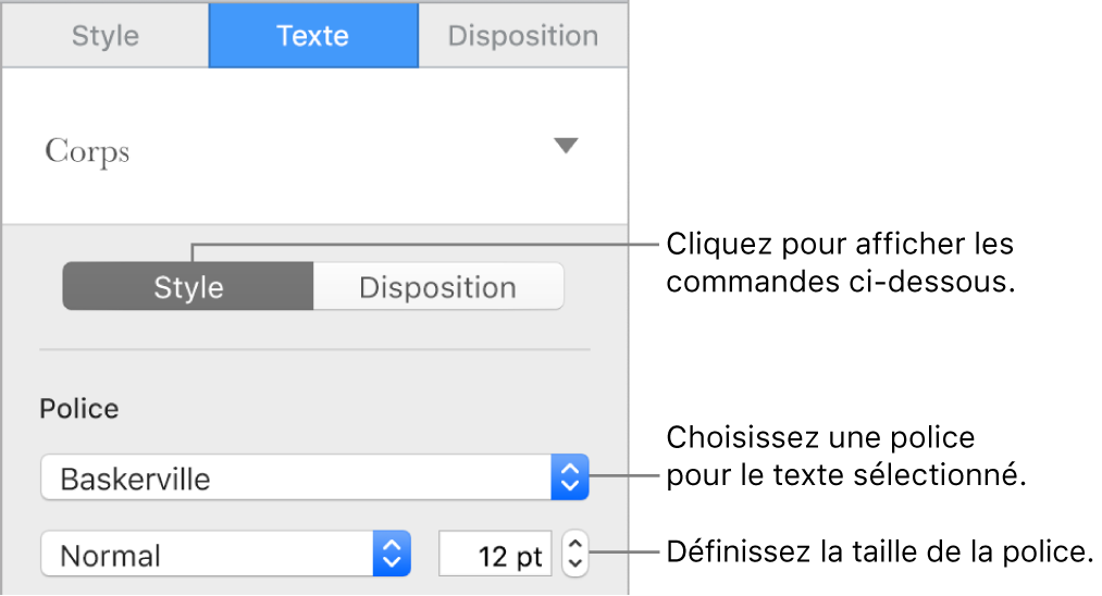 Commandes de texte de la section Style, dans la barre latérale de configuration de la police et de la taille des caractères.