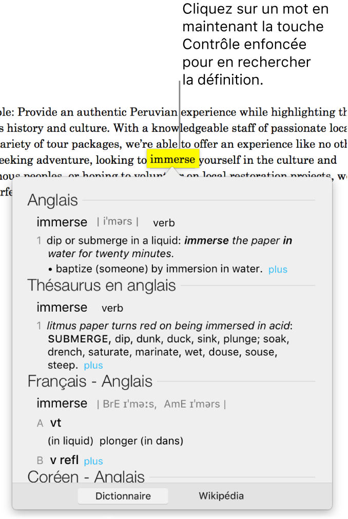 Un texte avec un mot surligné et une fenêtre contenant sa définition et des synonymes. Deux boutons en bas de la fenêtre fournissent des liens vers le dictionnaire et vers Wikipédia.