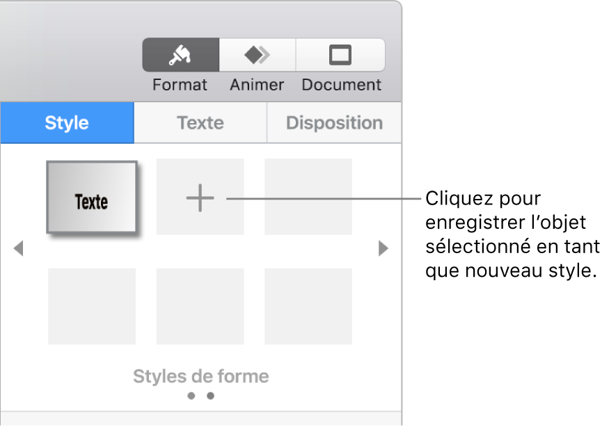 Onglet Style de la barre latérale Format avec bouton Créer un style à droite et quatre paramètres fictifs de style vides.