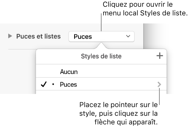Le menu contextuel Liste des styles avec un style sélectionné et une flèche à l’extrême droite.