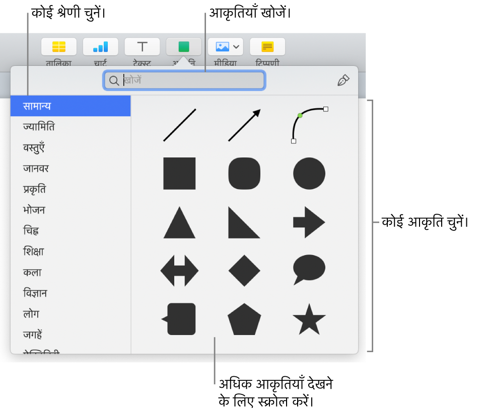 बाईं ओर सूचीबद्ध श्रेणियाँ और दाईं ओर प्रदर्शित आकृतियों के साथ आकृतियाँ लाइब्रेरी। आप आकृति ढूँढने के लिए शीर्ष पर स्थित "खोजें" फ़ील्ड का उपयोग कर सकते हैं और अधिक देखने के लिए स्क्रॉल कर सकते हैं।