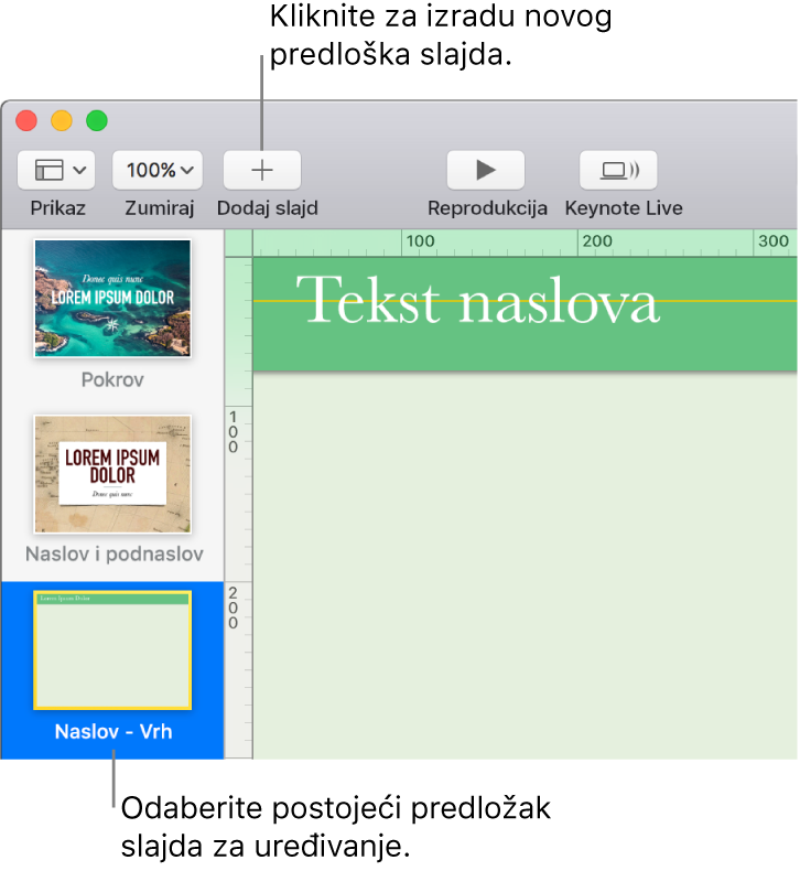 Predložak slajdova pojavljuje se na platnu slajda, a iznad njega se u alatnoj traci nalazi Dodaj slajd.