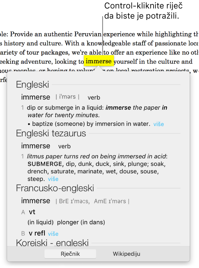Tekst s istaknutom riječi i prozor koji pokazuje njenu definiciju i unos tezaurusa. Dvije tipke na dnu prozora pružaju poveznice na rječnik i Wikipediju.