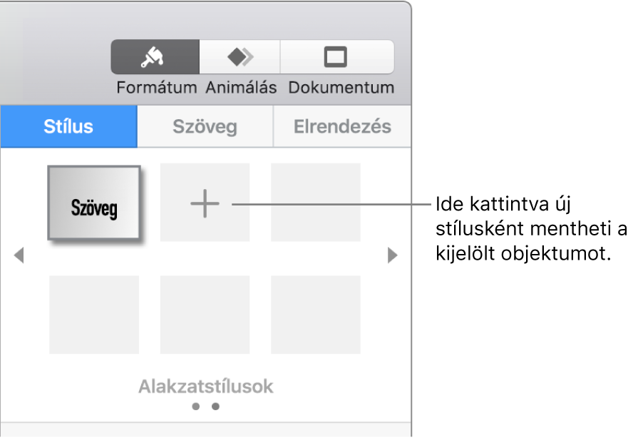 A Formátum oldalsáv Stílus lapja egy szövegmezőstílussal, a jobb oldalán a Stílus létrehozása gombbal, illetve négy üres stílushelyőrzővel.