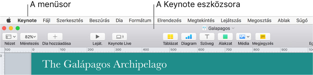 A menüsor a képernyő tetején az Apple, Keynote, Fájl, Szerkesztés, Beszúrás, Formátum, Elrendezés, Nézet, Megosztás és Súgó menükkel. A menüsor alatt egy megnyitott Keynote-prezentáció látható az eszközsor következő gombjaival: Nézet, Nagyítás, Dia hozzáadása, Keynote Live, Táblázat, Diagram, Szöveg, Alakzat, Média és Megjegyzés.