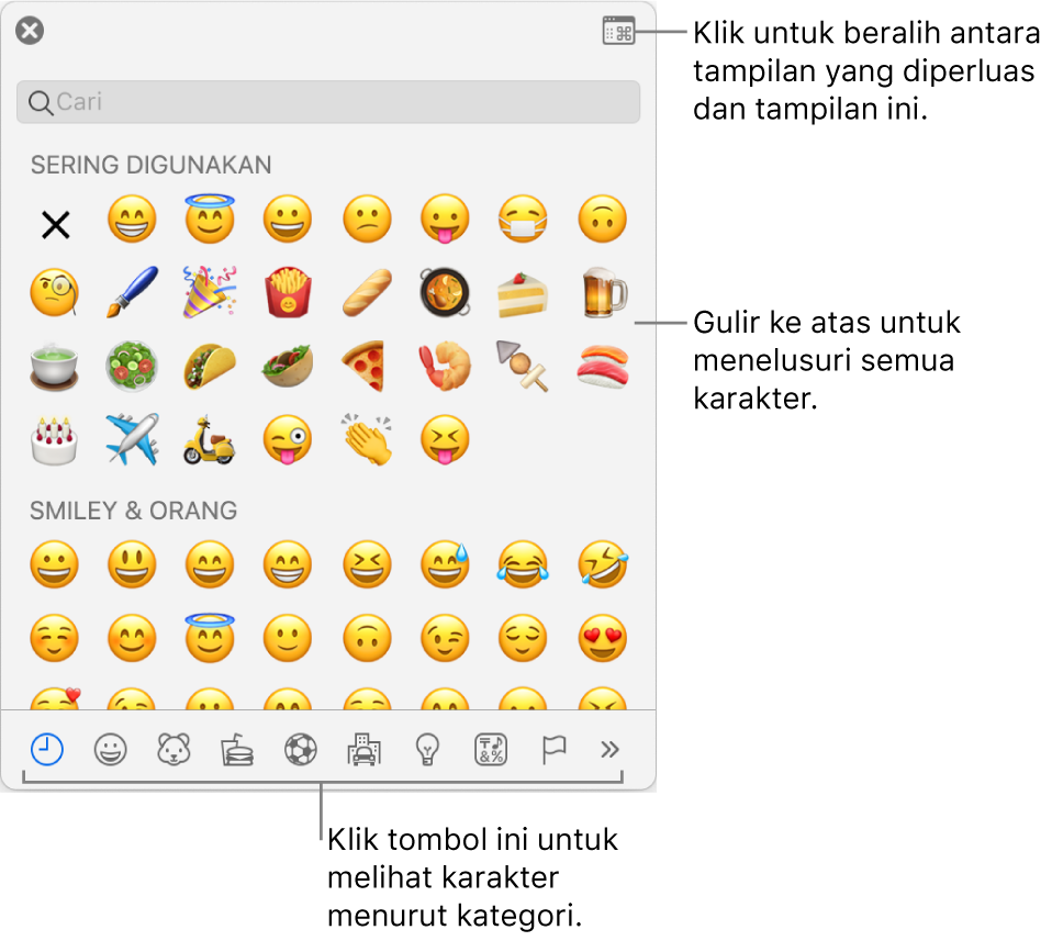 Pop-up Karakter Khusus menampilkan emosikon, tombol untuk jenis simbol yang berbeda di bagian. bawah, dan keterangan pada tombol untuk menampilkan jendela Karakter secara penuh.