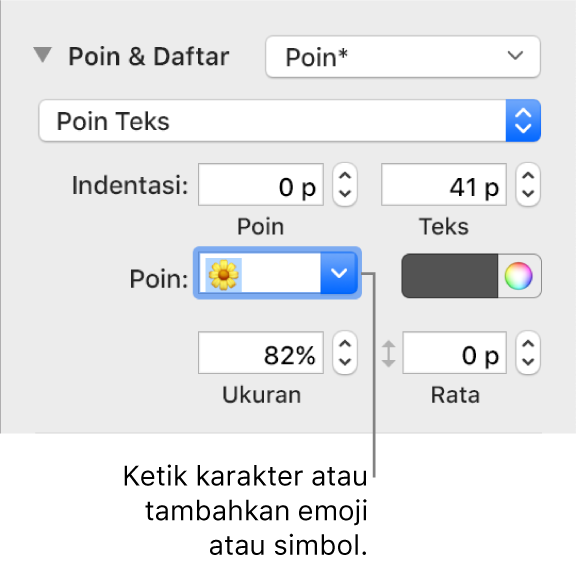 Bagian Poin & Daftar pada bar samping Format. Bidang Poin menampilkan emoji bunga.