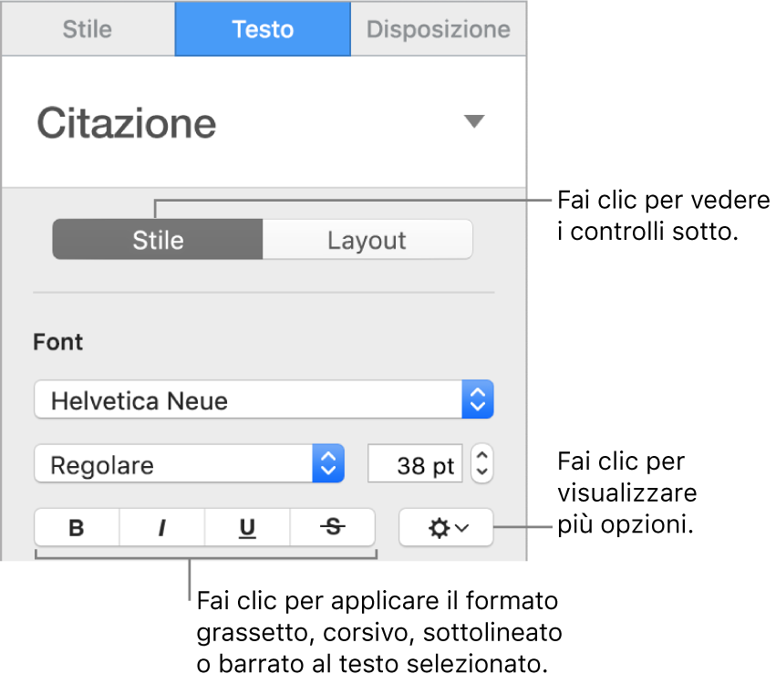 Controlli di Stile nella barra laterale con didascalie per i pulsanti Grassetto, Corsivo, Sottolineato e Barrato.