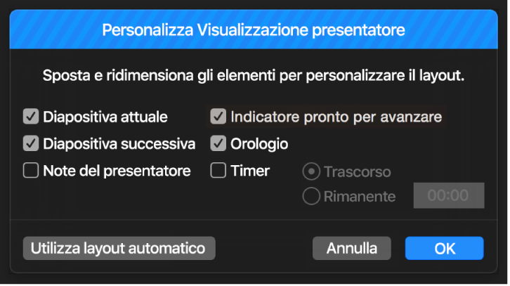 Finestra di dialogo Personalizza Visualizzazione presentatore.