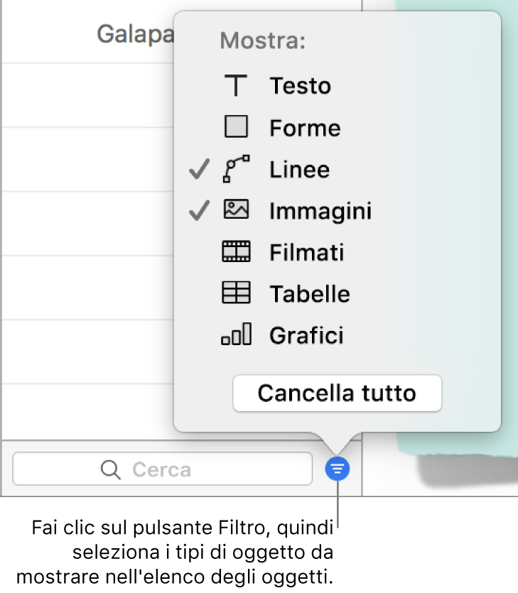 Menu a comparsa Filtra aperto con un elenco dei tipi di oggetti che l'elenco può includere (testo, forme, linee, immagini, filmati, tabelle e grafici).