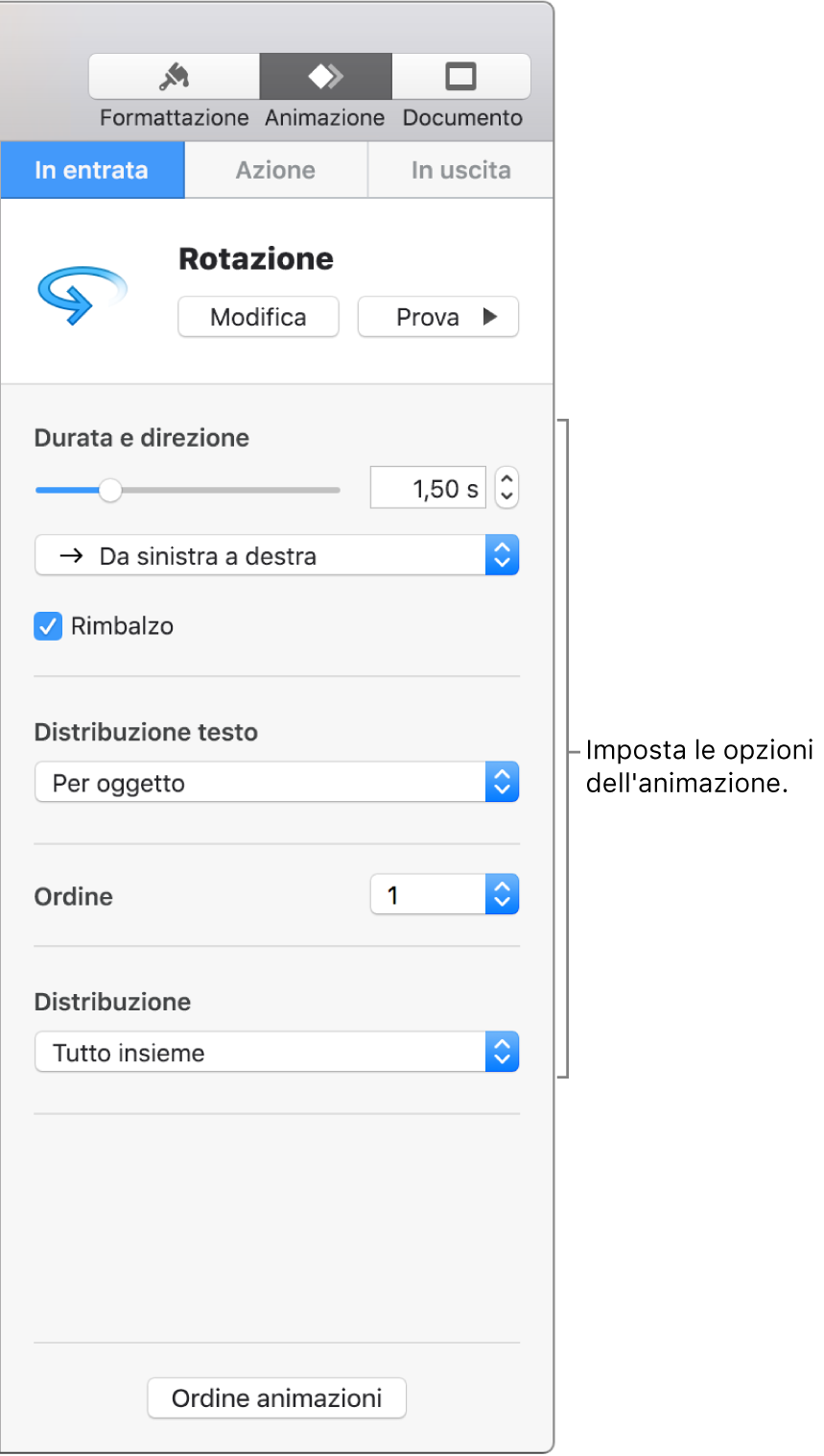 Opzioni di “In entrata” nella sezione Animazione della barra laterale.