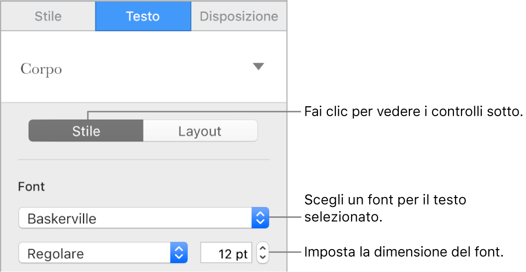 Controlli del testo nella sezione Stile della barra laterale per impostare font e dimensione del font.