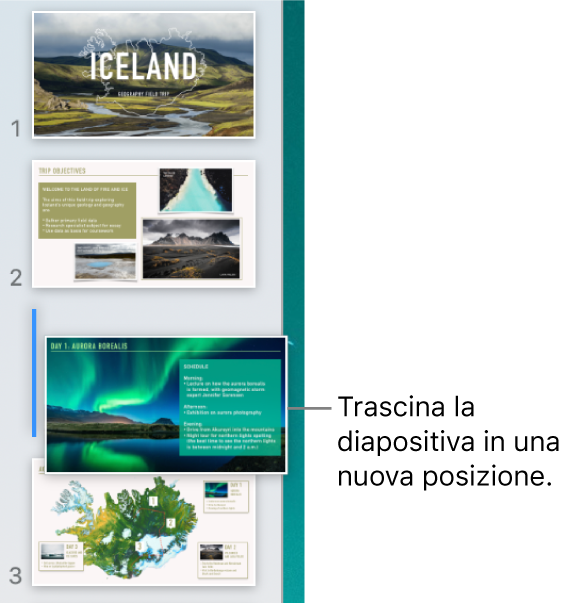 Il navigatore diapositive che mostra la miniatura di una diapositiva riordinata e una linea sulla sinistra.