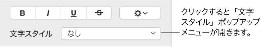 「文字スタイル」ポップアップメニュー。上にはテキストスタイルや色を変更するためのコントロールがあります。