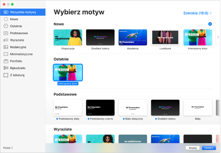 Paleta motywów. Pasek boczny po lewej zawiera listę kategorii motywów, w które możesz kliknąć, aby filtrować dostępne opcje. Po prawej stronie widoczne są miniaturki gotowych motywów uporządkowane wierszami według kategorii. Przycisk wymiarów motywu znajduje się w prawym górnym rogu, gdzie możesz ustawić format Standardowy lub Szeroki. Menu podręczne Język i region znajduje się w lewym dolnym rogu, natomiast przyciski Anuluj oraz Utwórz znajdują się w prawym dolnym rogu.