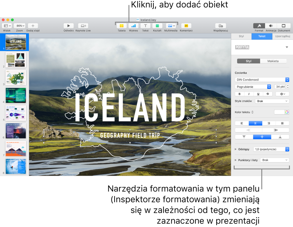 Okno Keynote z otworzonym nawigatorem slajdów po lewej oraz inspektorem formatu po prawej.