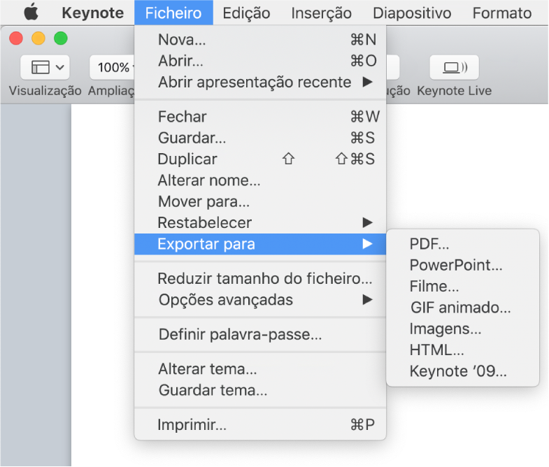 O menu Ficheiro com a opção “Exportar para” selecionada e o respetivo submenu a mostrar opções de exportação para PDF, PowerPoint, Filme, HTML, Imagens e Keynote '09.
