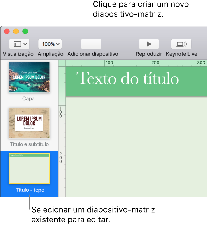 Um diapositivo-matriz visível no fundo do diapositivo, com o botão “Adicionar diapositivo” acima do mesmo, na barra de ferramentas.