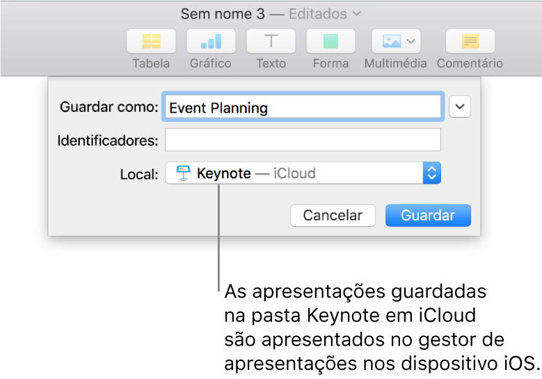 A caixa de diálogo Guardar para uma apresentação com o Keynote – iCloud no menu pop-up Onde.