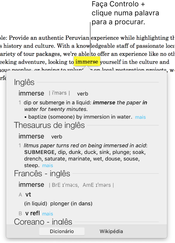 Texto com uma palavra realçada e uma janela a mostrar a respetiva definição e uma entrada do dicionário de sinónimos. Dois botões na parte inferior da janela fornecem hiperligações para o dicionário e a Wikipédia.