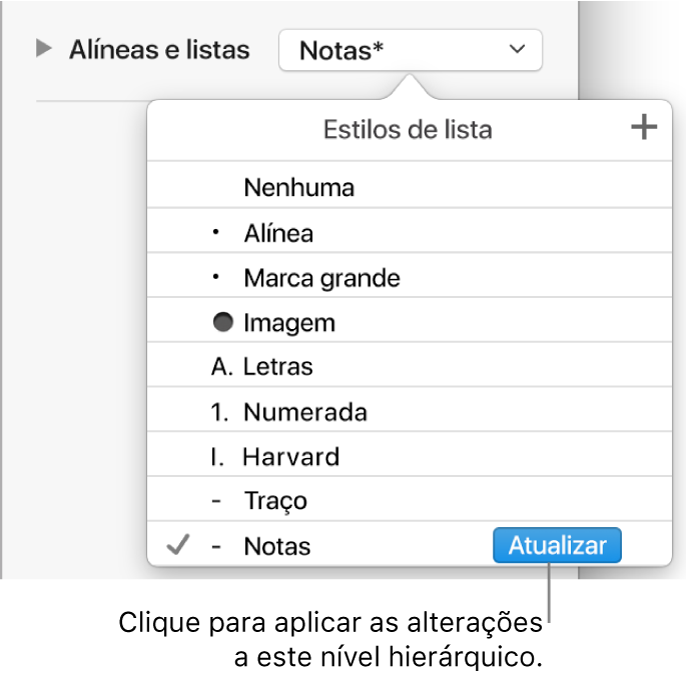 O menu pop-up “Estilos de lista” com um botão Atualizar junto ao nome do novo estilo.