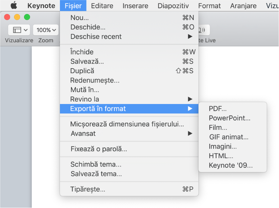 Meniul Fișier deschis cu Exportă în selectat și submeniul său care arată opțiuni de exportare pentru PDF, PowerPoint, Movie, HTML, Images și Keynote ’09.