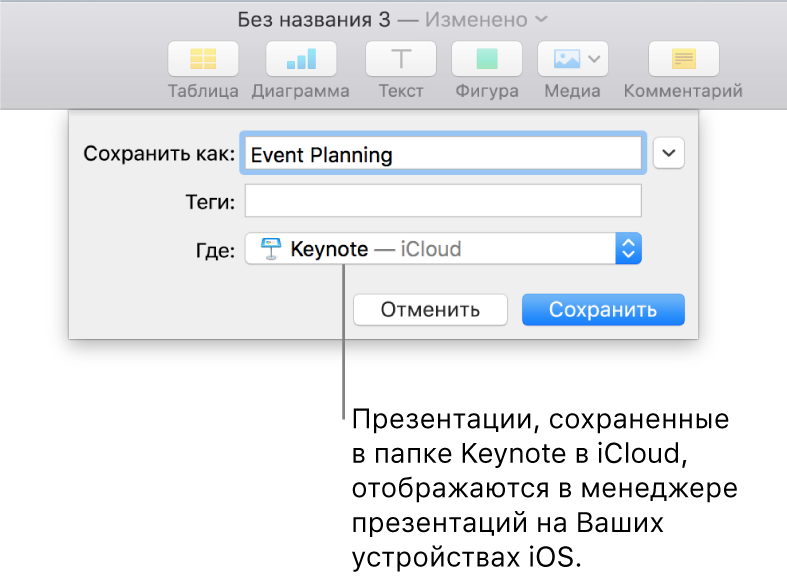 Окно сохранения презентации: во всплывающем меню «Где» выбран вариант «Keynote — iCloud»