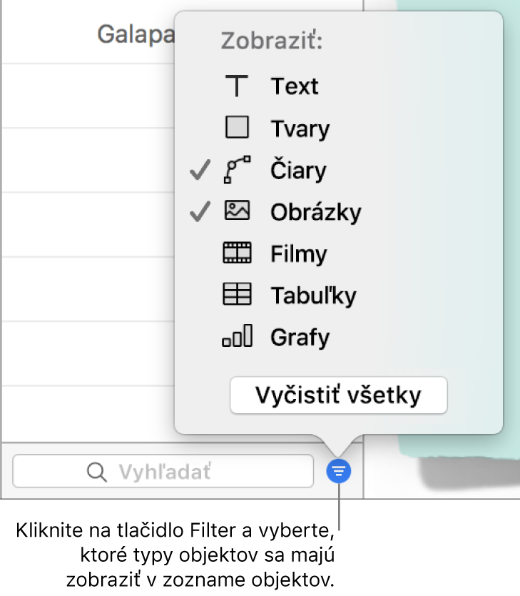Otvorené vyskakovacie menu Filter so zoznamom typov objektov, ktoré môže zoznam obsahovať (text, tvary, čiary, obrázky, filmy, tabuľky a grafy).