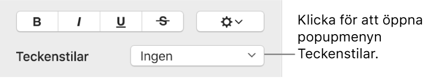 Popupmenyn Teckenstilar under reglage för att ändra textens stil och färg.