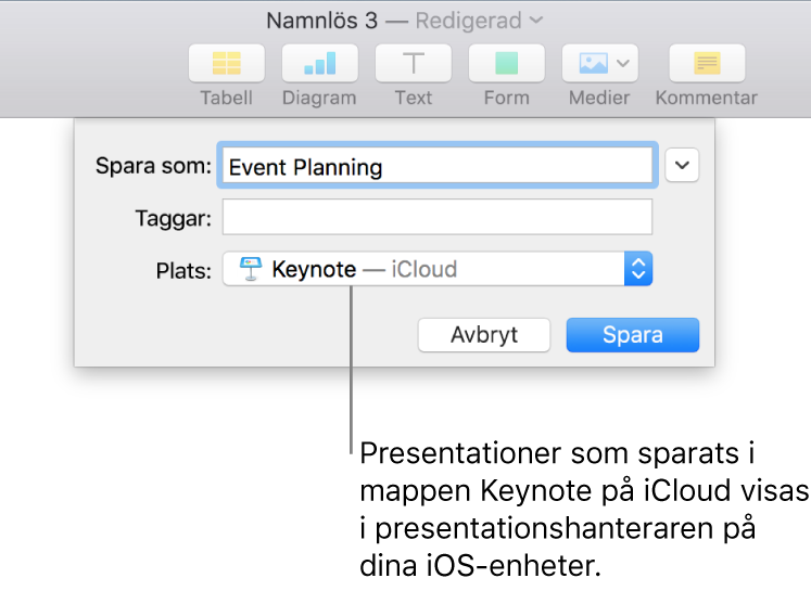 Dialogrutan Spara för en presentation med Keynote – iCloud i popupmenyn Plats.