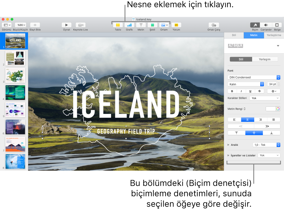 Sol tarafında slayt gezgini, sağ tarafında ise biçim denetçisi açık Keynote penceresi.