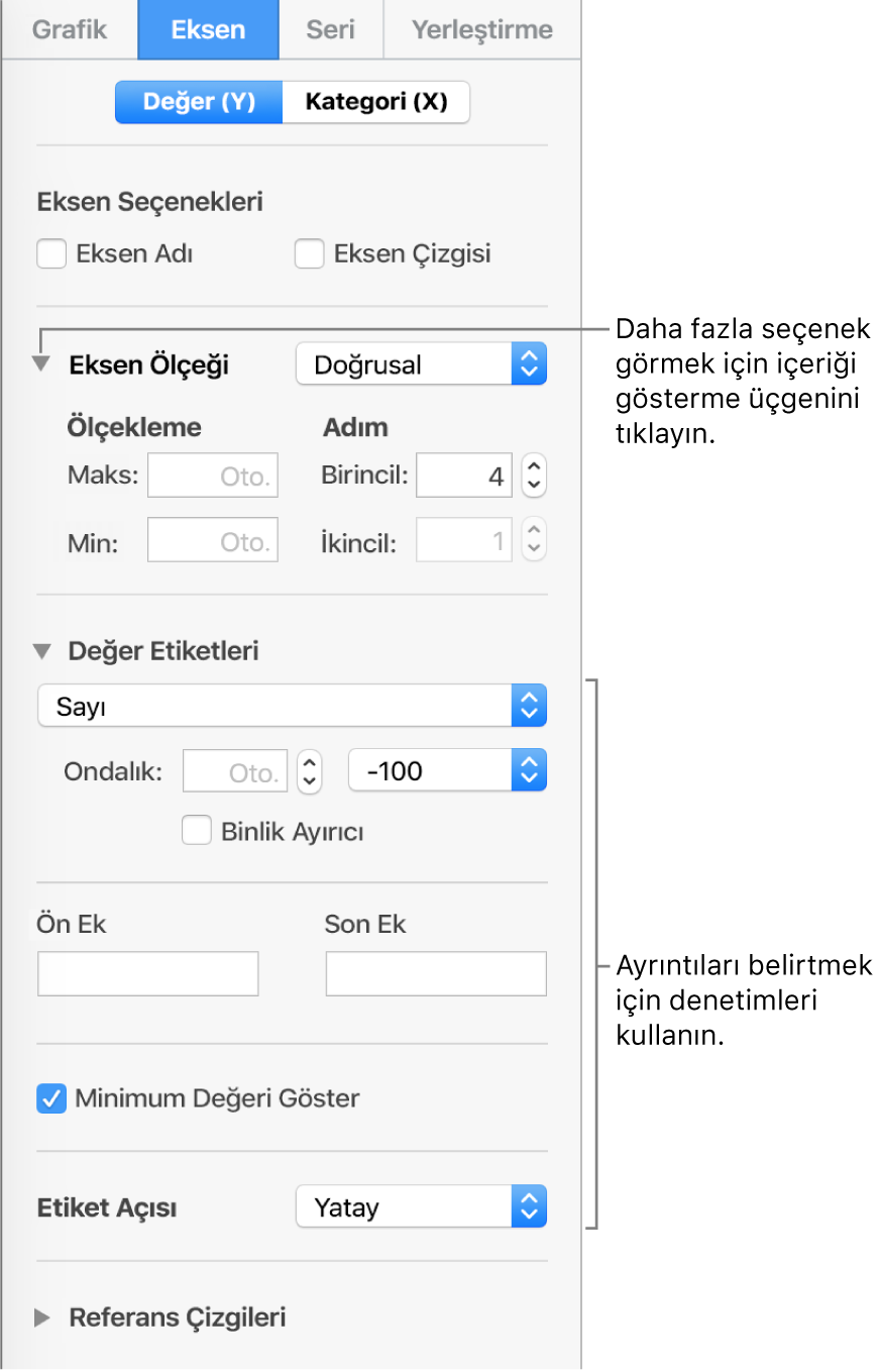 Grafik ekseni işaretlerini biçimleme denetimleri.