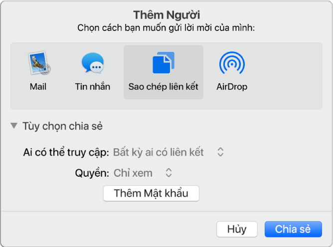 Phần Tùy chọn chia sẻ của hộp thoại cộng tác mở ra, với các menu “Ai có thể truy cập” và “Quyền” đang hiển thị.