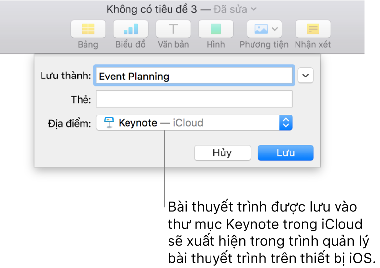 Hộp thoại Lưu cho bài thuyết trình với Keynote – iCloud trong menu bật lên Vị trí.
