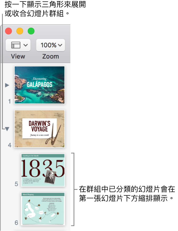 顯示內縮幻燈片的幻燈片導覽器。