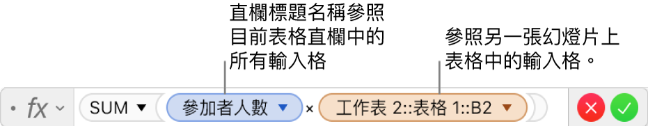 顯示公式的「公式編輯器」，其參照一個表格中的直欄與另一個表格中的輸入格。