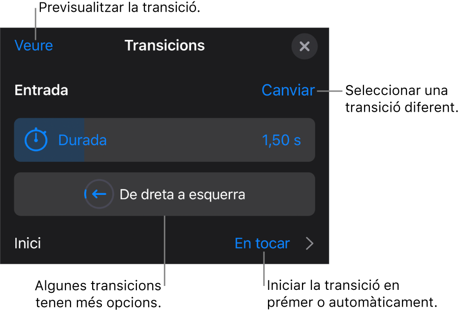 Els controls del tauler Opcions per modificar una transició.