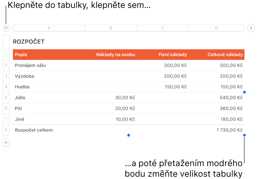 Vybraná tabulka s modrými body pro změnu velikosti
